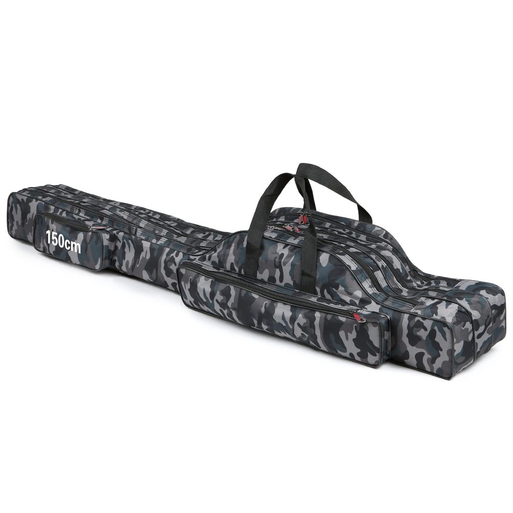 HXBER 3 Layers Fishing Pole Bag Portable Folding Rod Carry Case Fishing Reel Tackle Storage Bag Case