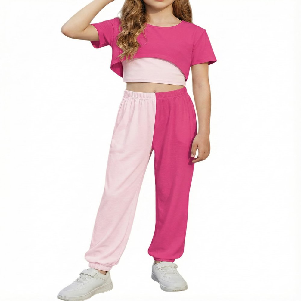 Arshiner Girls 3 Piece Hot Pink Outfit Set Short Sleeve High Low Hem Overlay Top, Cami, and Sweatpants for 6-13 Years