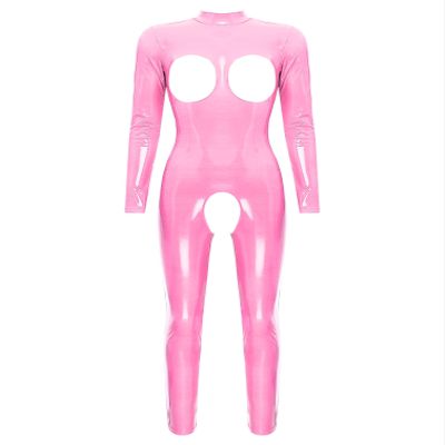 iiniim Womens One Piece Latex Open Cup Crotchless Jumpsuit Wet Look Back Zipper Catsuit Bodysuit Hot Pink Medium
