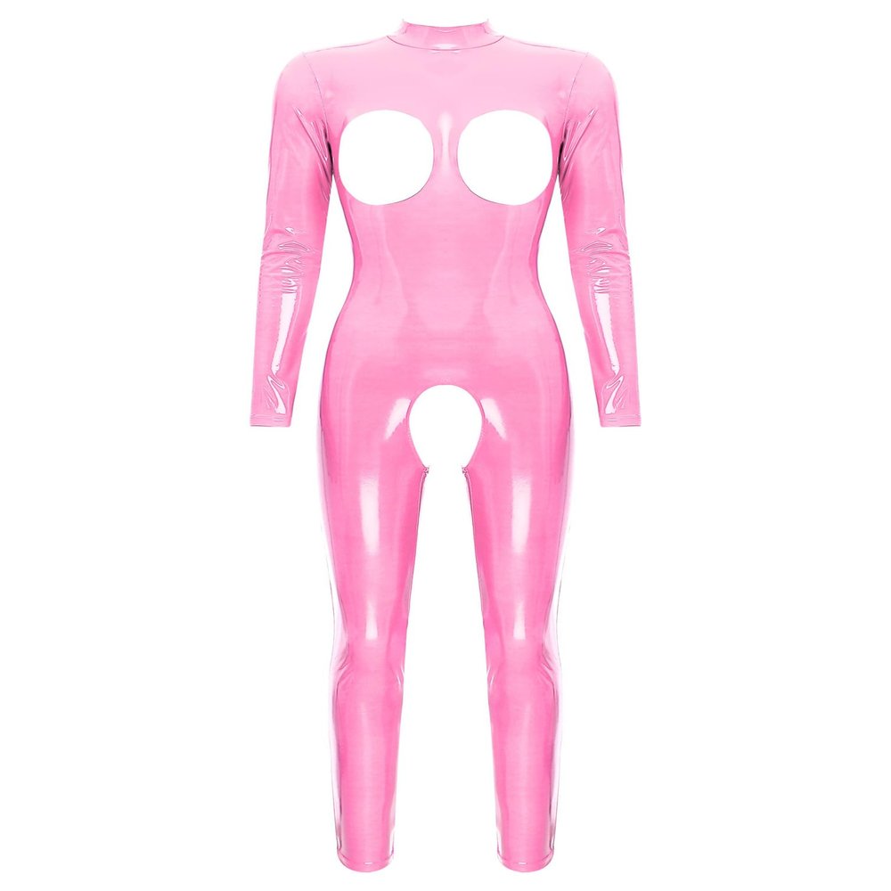 iiniim Womens One Piece Latex Open Cup Crotchless Jumpsuit Wet Look Back Zipper Catsuit Bodysuit Hot Pink Medium