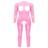 iiniim Womens One Piece Latex Open Cup Crotchless Jumpsuit Wet Look Back Zipper Catsuit Bodysuit Hot Pink Medium view 1