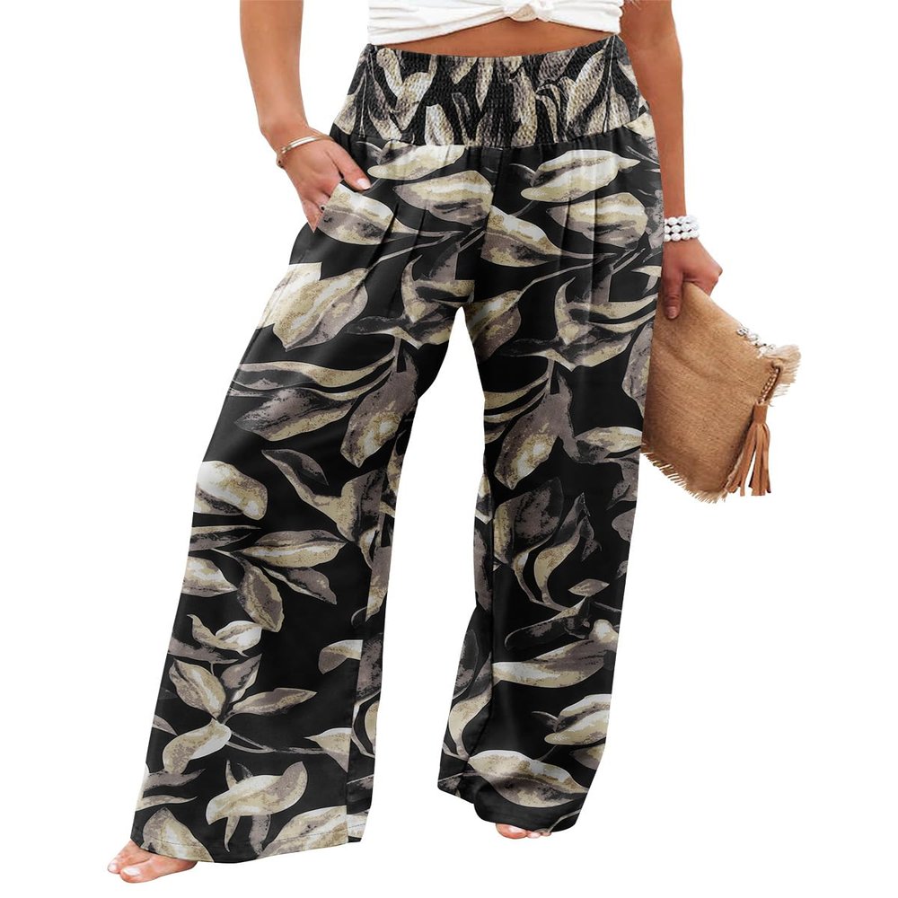 Angerella Womens Wide Leg Pants High Waist Casual Loose Capri Palazzo Pants Vintage Printed Trousers with Pockets Black M
