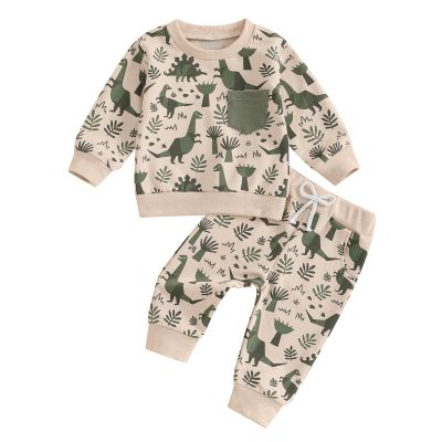 BULINGNA 2 Pieces Kids Toddler Baby Boy Fall Winter Clothes Dinosaur Long Sleeve Sweatshirt Casual Pants Set Dinos Sweatsuit (Khaki, 2-3T)