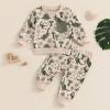 BULINGNA 2 Pieces Kids Toddler Baby Boy Fall Winter Clothes Dinosaur Long Sleeve Sweatshirt Casual Pants Set Dinos Sweatsuit (Khaki, 2-3T) view 2