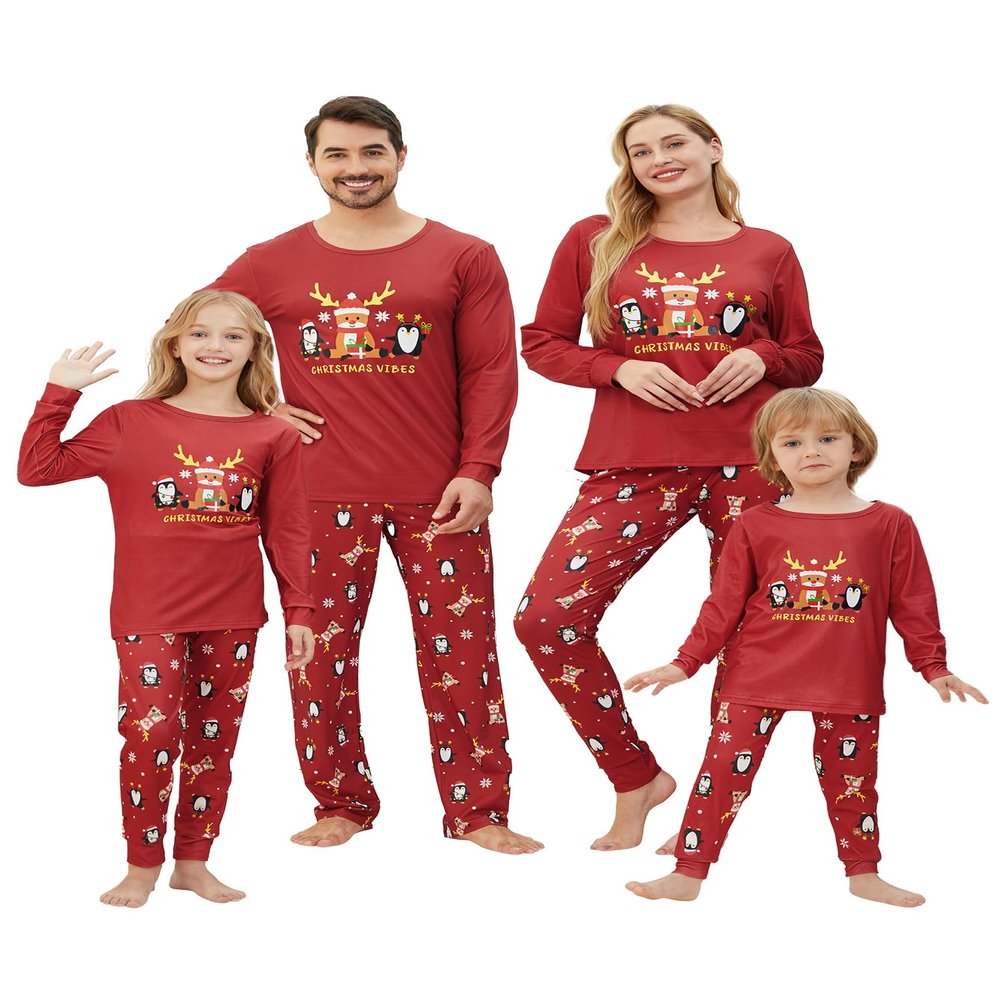 MyFav Matching Christmas Pajamas for Family Merry Christmas Print Long Sleeve PJS Set Holiday Outfits Red Penguin Women,2XL