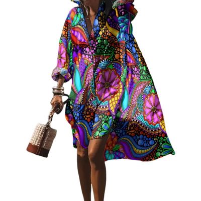 Akivide Women's Flowy Floral Print Button Down Lapel Midi Beach Dress Casual Loose Long Sleeve Knee Length Plus Size Dresses, Large