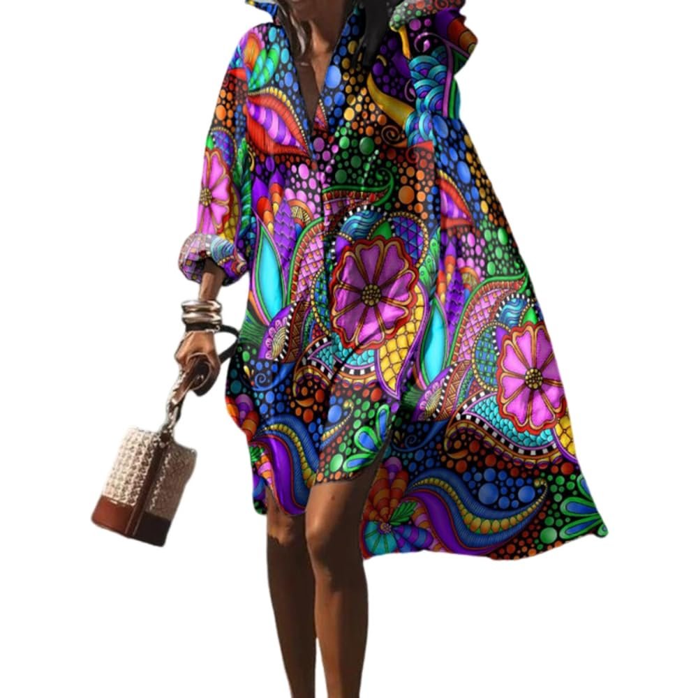 Akivide Women's Flowy Floral Print Button Down Lapel Midi Beach Dress Casual Loose Long Sleeve Knee Length Plus Size Dresses, Large