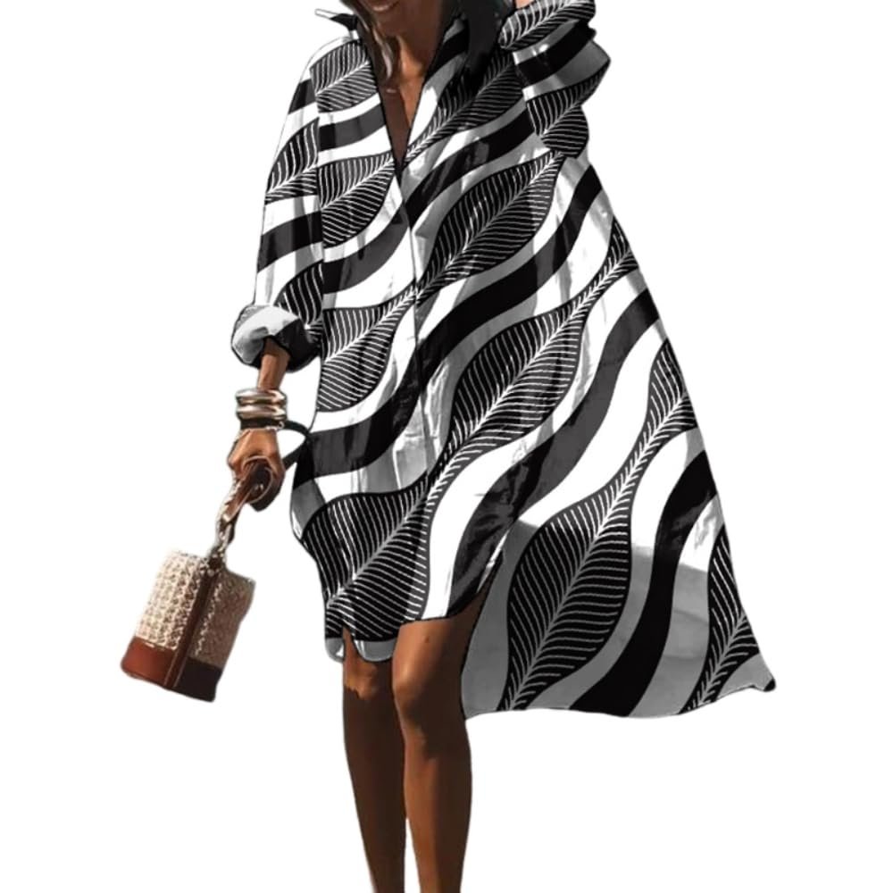 Akivide Women's Flowy Floral Print Button Down Lapel Midi Beach Dress Casual Loose Long Sleeve Knee Length Plus Size Dresses, Large