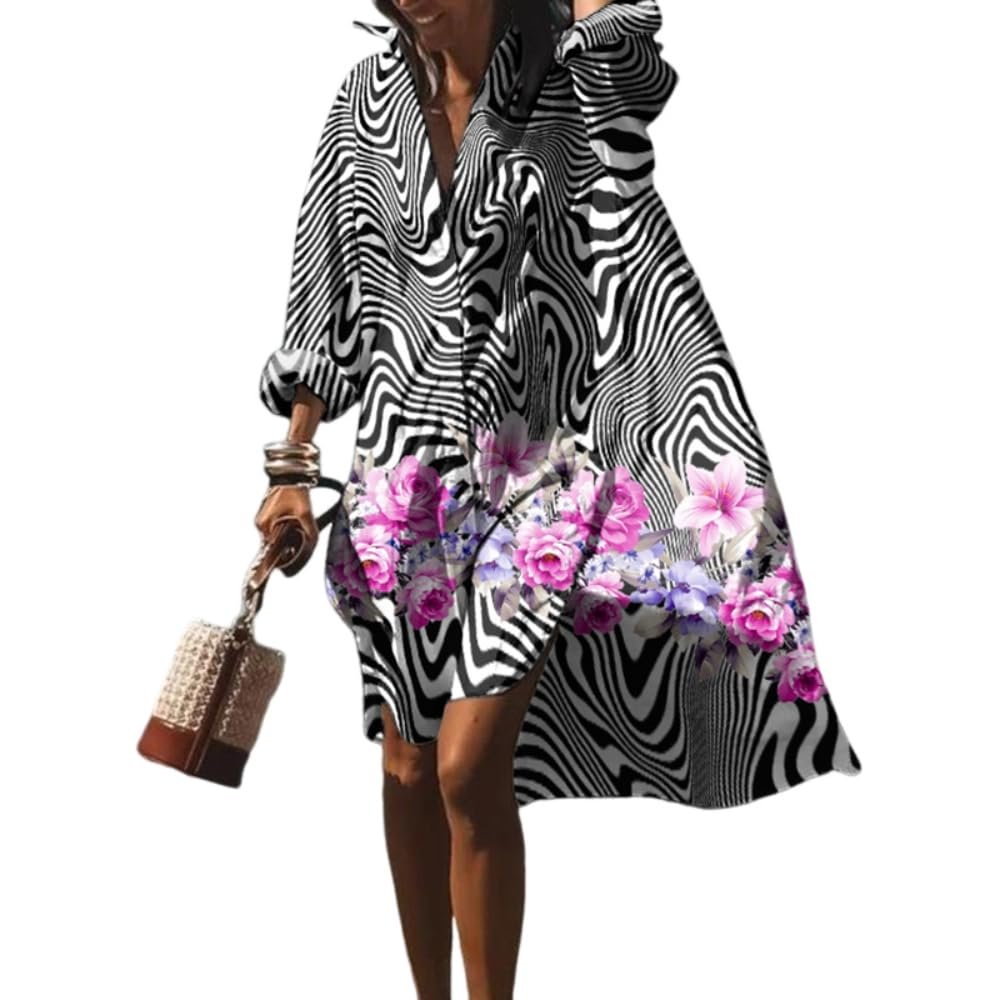 Akivide Women's Flowy Floral Print Button Down Lapel Midi Beach Dress Casual Loose Long Sleeve Knee Length Plus Size Dresses, X-Large