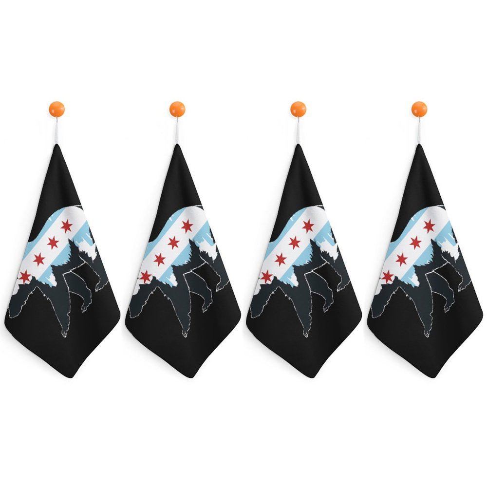 Chicago City Flag Bear Print Hand Towel Soft Washcloth Handkerchief with Hanging Loop for Home Bathroom 4PCS