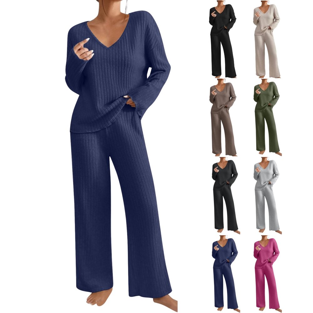 2 Piece Outfits for Women Knit Sweater Long Sleeve Crewneck Tops And Wide Leg Pants 2024 Ribbed Fall Lounge Set