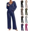 2 Piece Outfits for Women Knit Sweater Long Sleeve Crewneck Tops And Wide Leg Pants 2024 Ribbed Fall Lounge Set view 1