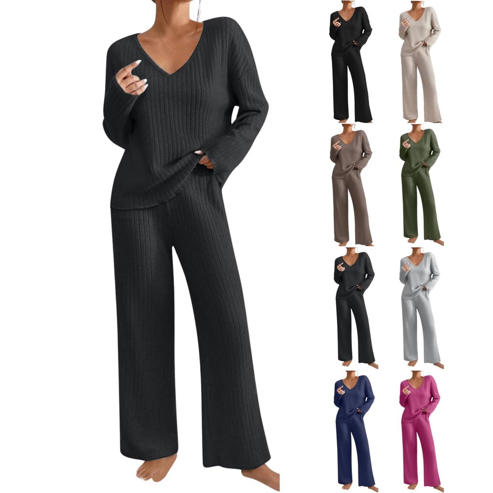 2 Piece Outfits for Women Knit Sweater Long Sleeve Crewneck Tops And Wide Leg Pants 2024 Ribbed Fall Lounge Set