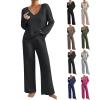 2 Piece Outfits for Women Knit Sweater Long Sleeve Crewneck Tops And Wide Leg Pants 2024 Ribbed Fall Lounge Set view 1