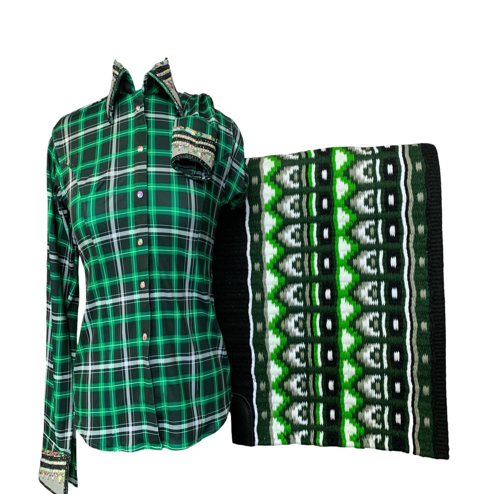 EQUINE OVERSEAS Western Showmanship Horsemanship Pleasure Show Shirt and Matching Show pad - Green Plaid (US, Alpha, Medium, Regular, Regular, Green Plaid)