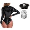 easyforever Women's Sexy Police Officer Lingerie Costume Long Sleeve Leather Bodysuits Uniforms Black Medium view 2