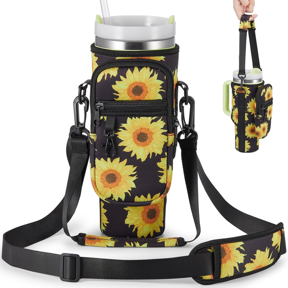 BULKITEM Sunflower Water Bottle Carrier Bag w/Phone Pocket for Stanley 30oz Tumbler with Handle, Sunflower Insulated Neoprene Cup Holder Pouch for Stanley Cup Accessories, Sunflower Gifts for Women