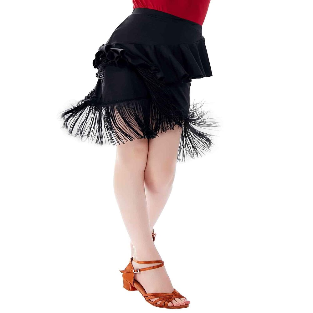 Avrigirl Black Ruffle Hip Dance Skirt for Girls Latin, Ballroom, Fringe Salsa Skirt with Underpants for Training, Performance