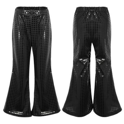 JEYPINMI Girls Boys Sequins Flared Pants Bell Bottoms Glitter Disco Dance Trousers for Hip Hop Jazz Performance Black 13-14 Years