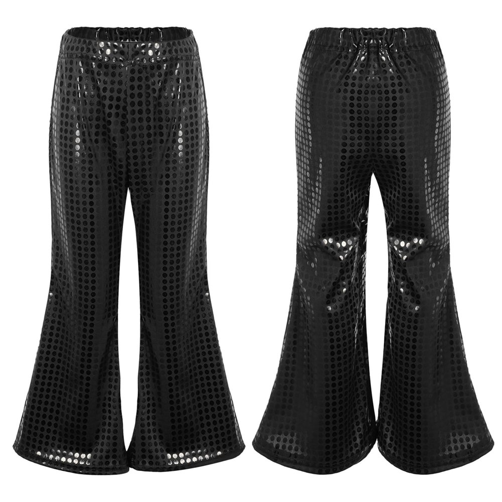 JEYPINMI Girls Boys Sequins Flared Pants Bell Bottoms Glitter Disco Dance Trousers for Hip Hop Jazz Performance Black 13-14 Years