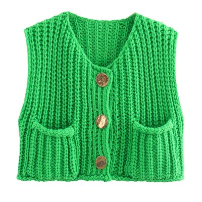 Womens Y2K Chunky Knit Vest Button Down Crop Tank Tops V-Neck Crochet Sleeveless Sweater Vest Cardigan with Pockets (Standard, S, Emerald Green)