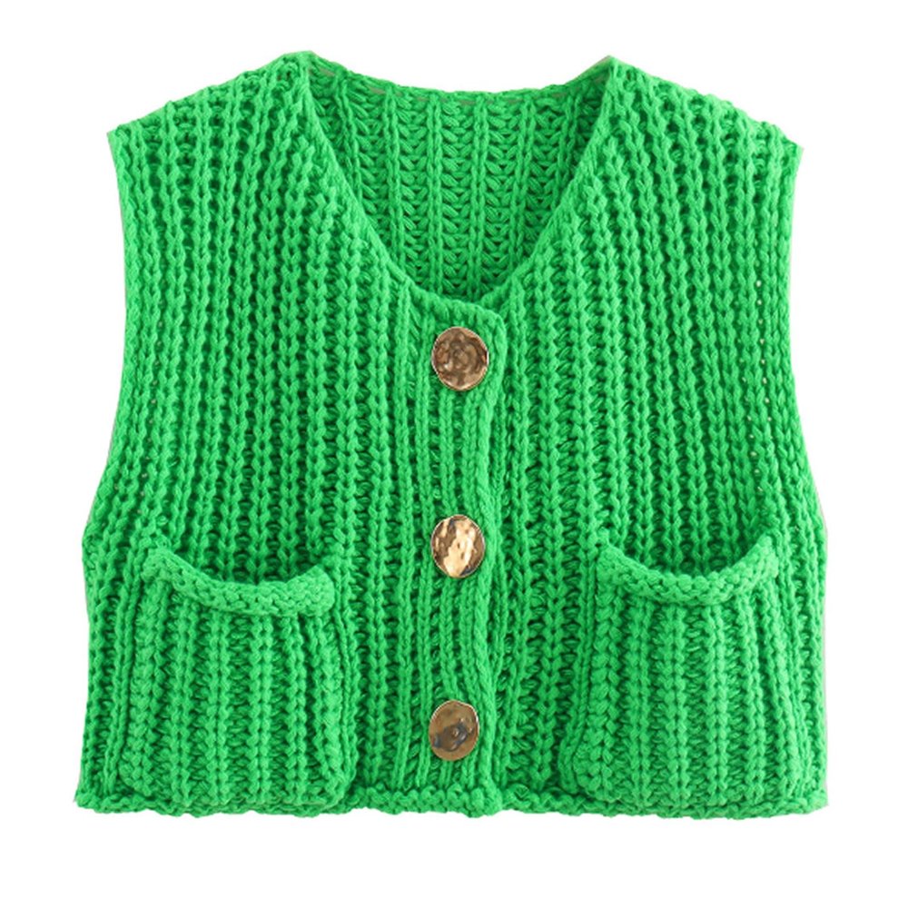 Womens Y2K Chunky Knit Vest Button Down Crop Tank Tops V-Neck Crochet Sleeveless Sweater Vest Cardigan with Pockets (Standard, S, Emerald Green)