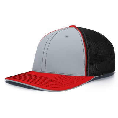 Pacific Headwear Trucker Flexfit Cap, Silver/Black/Red, XS