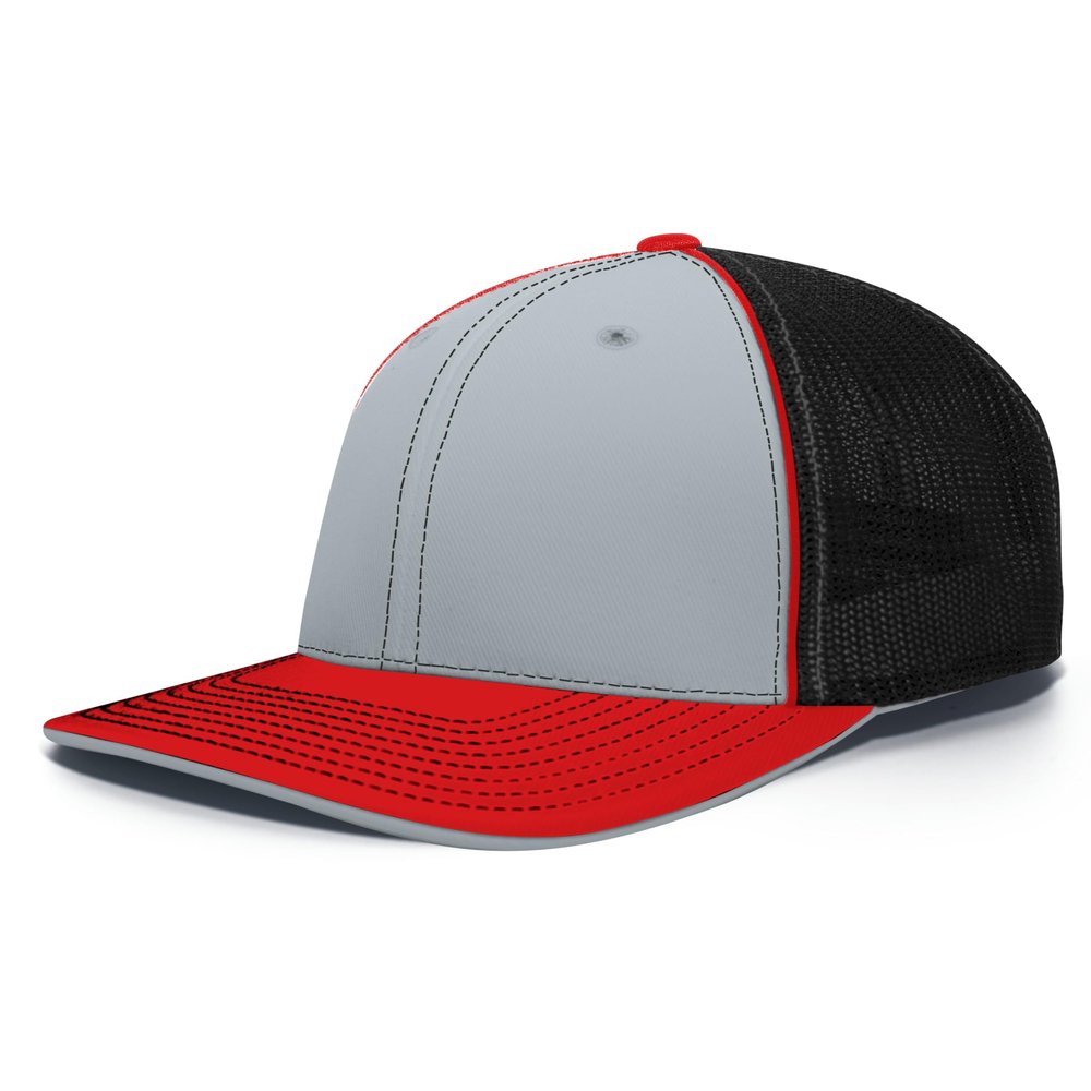 Pacific Headwear Trucker Flexfit Cap, Silver/Black/Red, XS