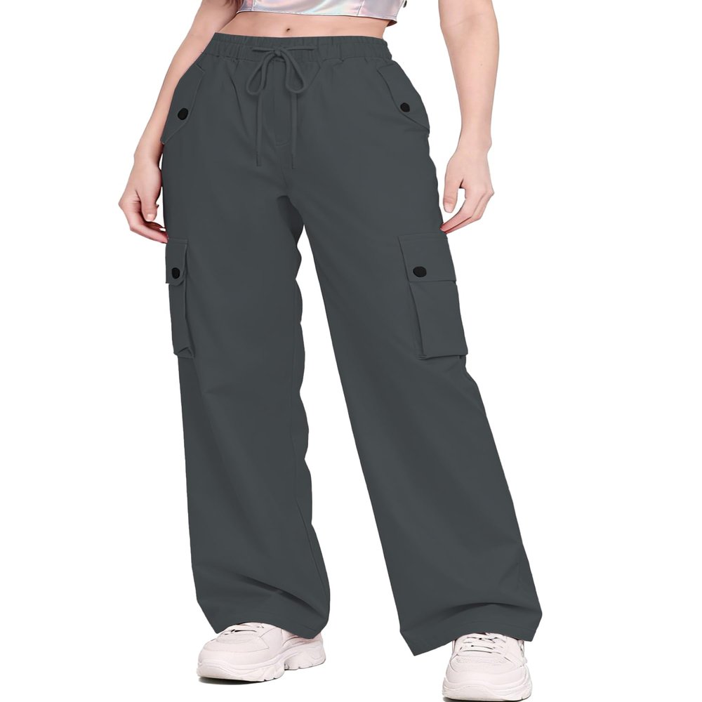 Betusline Girl's High Waist Wide Leg Cargo Pants Y2K Parachute Pants with Pockets and Drawstring, Dark Gray, 6-7 Years = Tag 130
