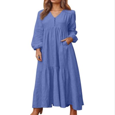Geleglaer Maxi Dress for Womens Tiered Button Boho Dress Casual Long Sleeve Cotton Linen Fall Dress with Pockets