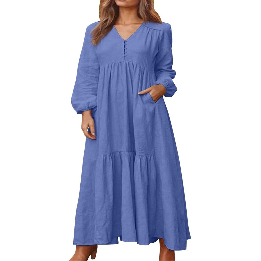 Geleglaer Maxi Dress for Womens Tiered Button Boho Dress Casual Long Sleeve Cotton Linen Fall Dress with Pockets