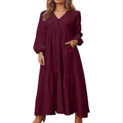 Geleglaer Cotton Maxi Dress for Womens Long Sleeve Linen Fall Dress Casual Tiered Button Boho Dress with Pockets