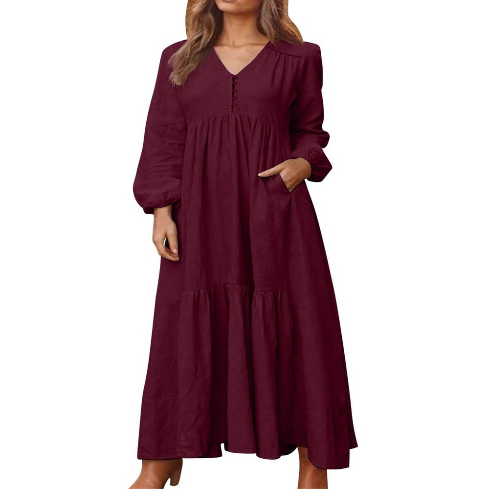 Geleglaer Cotton Maxi Dress for Womens Long Sleeve Linen Fall Dress Casual Tiered Button Boho Dress with Pockets