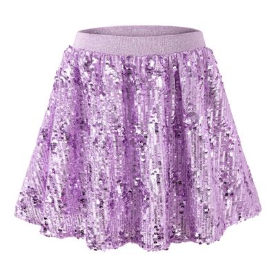 Rolanko Girls Sequin Skirt Elastic Waist Glitter Sparkly Skirt with Lining Shiny Skort for Kids Dance Party (Purple, 8-10)