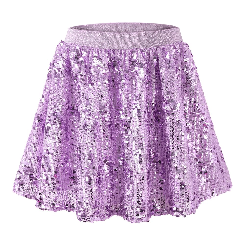 Rolanko Girls Sequin Skirt Elastic Waist Glitter Sparkly Skirt with Lining Shiny Skort for Kids Dance Party (Purple, 8-10)