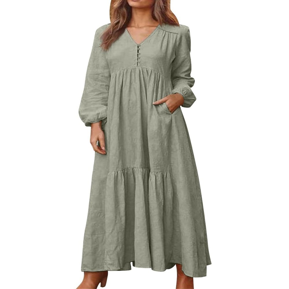 Geleglaer Maxi Dress for Womens Tiered Button Boho Dress Casual Long Sleeve Cotton Linen Fall Dress with Pockets
