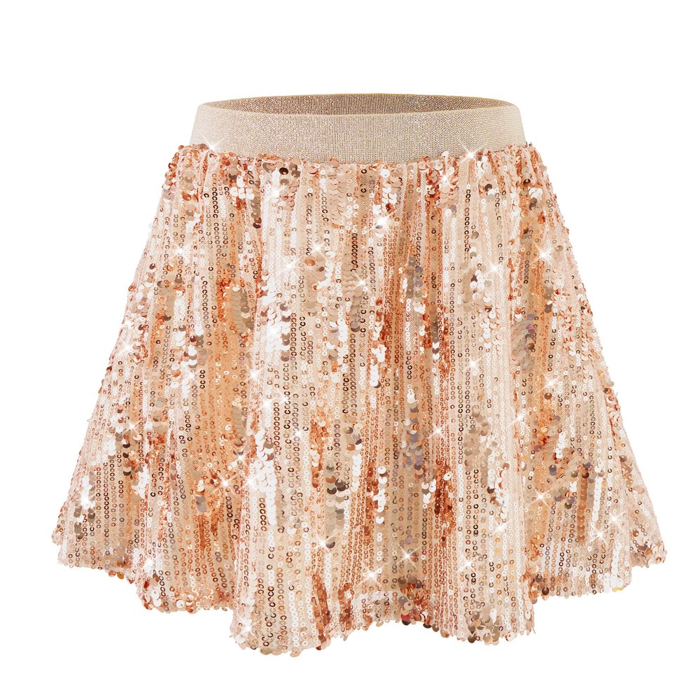 Rolanko Girls Sequin Skirt Elastic Waist Glitter Sparkly Skirt with Lining Shiny Skort for Kids Dance Party (Golden, 8-10)