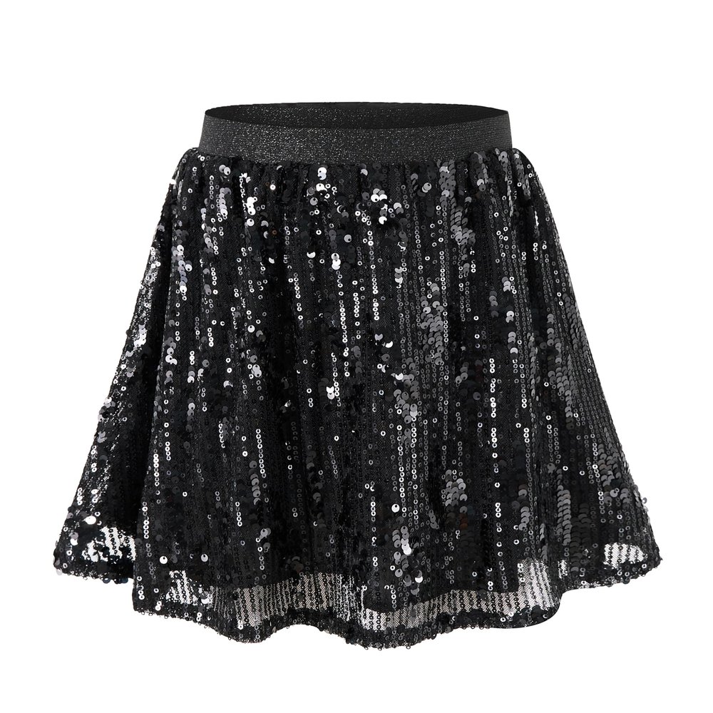 Rolanko Girls Sequin Skirt Elastic Waist Glitter Sparkly Skirt with Lining Shiny Skort for Kids Dance Party (Black, 6-7)