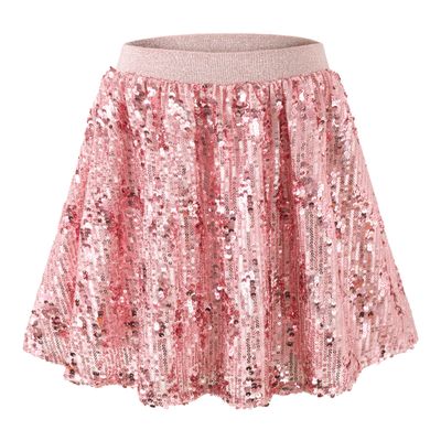 Rolanko Girls Sequin Skirt Elastic Waist Glitter Sparkly Skirt with Lining Shiny Skort for Kids Dance Party (Pink, 6-7)