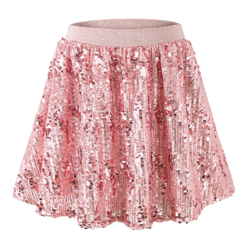 Rolanko Girls Sequin Skirt Elastic Waist Glitter Sparkly Skirt with Lining Shiny Skort for Kids Dance Party (Pink, 6-7)