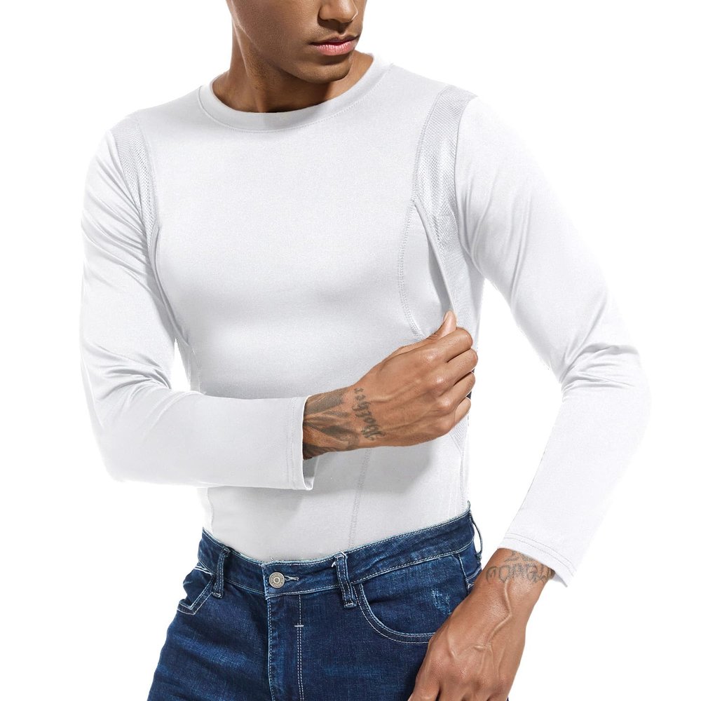 NELKBI Holster Shirt for Men Concealed Carry, Crew Neck, White, All-Day-Comfort Easy Breath Compression Shirt
