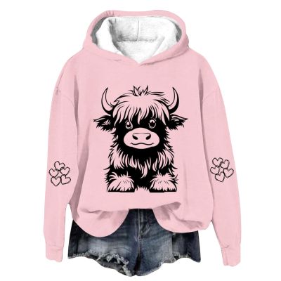 bawilom Highland Cow Hoodies for Women Cute Funny Graphic Sweatshirt Cowgirl Long Sleeve Plus Size Oversized Pullover Tops Pink