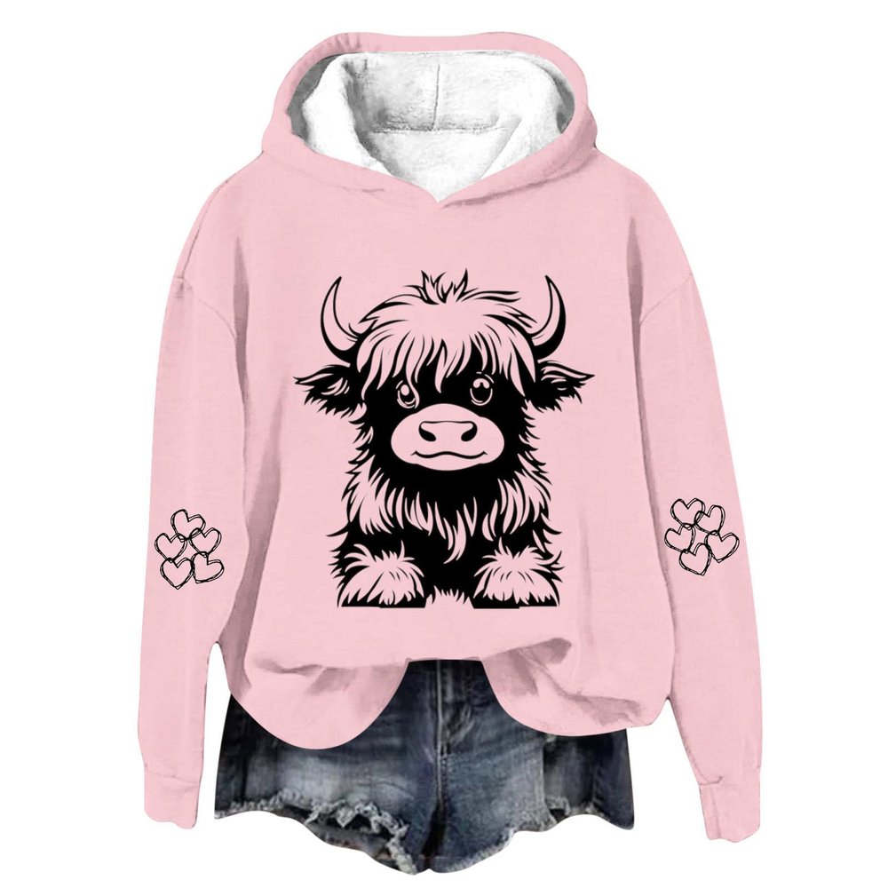 bawilom Highland Cow Hoodies for Women Cute Funny Graphic Sweatshirt Cowgirl Long Sleeve Plus Size Oversized Pullover Tops Pink