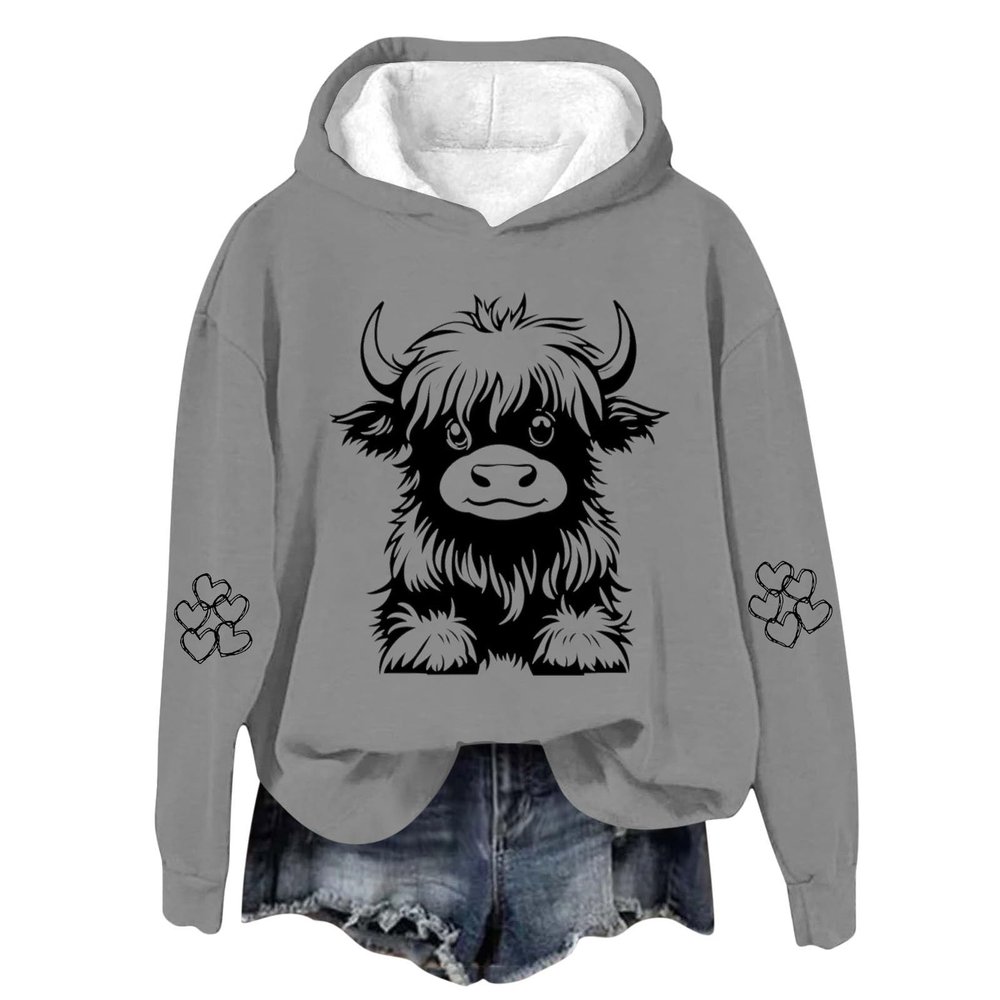 bawilom Highland Cow Hoodies for Women Cute Funny Graphic Sweatshirt Cowgirl Long Sleeve Plus Size Oversized Pullover Tops Gray