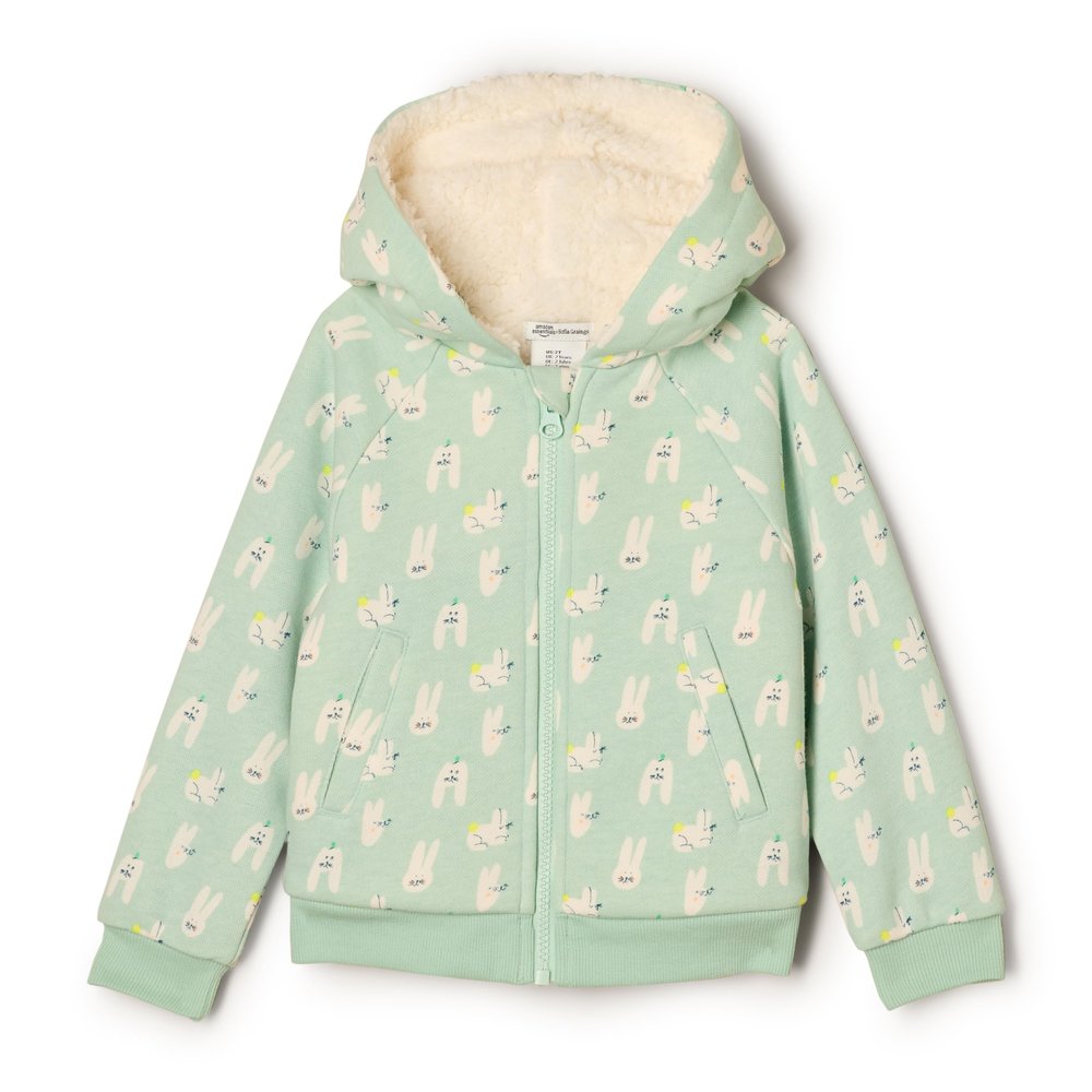 Amazon Essentials x Sofia Grainge Unisex Babies' Zip Hoodie Sweatshirt, Pale Green Rabbits, 18 Months