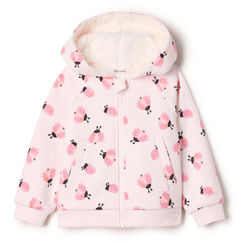 Amazon Essentials x Sofia Grainge Unisex Babies' Zip Hoodie Sweatshirt, Pale Pink Small Ladybugs, Newborn