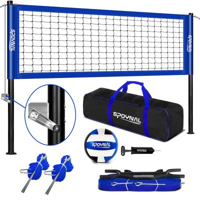 Outdoor Portable Volleyball Net Set with Adjustable Height Steel Poles, Volleyball, Anti-sag Winch System, Pump, Boundary Line, and Carry Bag for Backyard, Beach, Lawn
