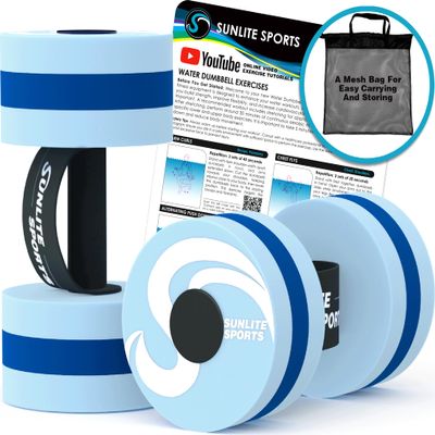 Sunlite Sports Water Weights Pool Exercise Dumbbells, Water Aerobic Equipment, High-Density EVA-Foam Dumbbell with Handle Strip, Aqua Therapy, Pool Fitness Exercise Set of 2