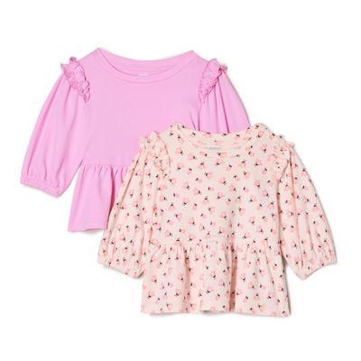 Amazon Essentials x Sofia Grainge Baby Girls' 3/4 Sleeve Knit Top, Pack of 2, Pink/Small Ladybugs, Newborn
