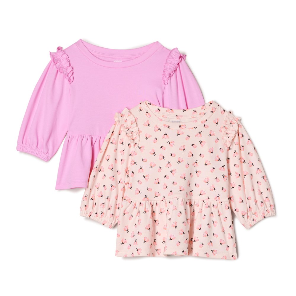 Amazon Essentials x Sofia Grainge Baby Girls' 3/4 Sleeve Knit Top, Pack of 2, Pink/Small Ladybugs, Newborn